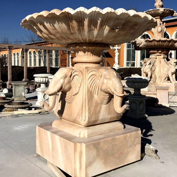 Custom made life size yellow marble outdoor fountains with elephants for sale on stock