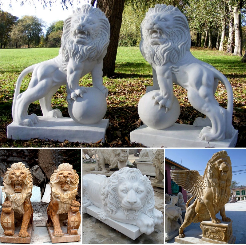 Marble Hand Carved Lion Statues