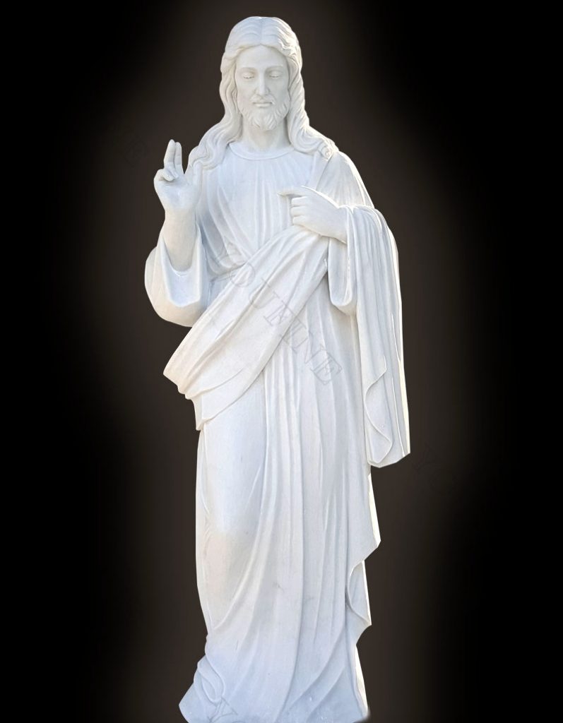Hand Carved Sacred Heart Jesus Christ White Marble Statue for Sale CHS