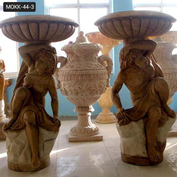 Unique Outdoor Carved Figures Beige Marble Flower Pots for sale