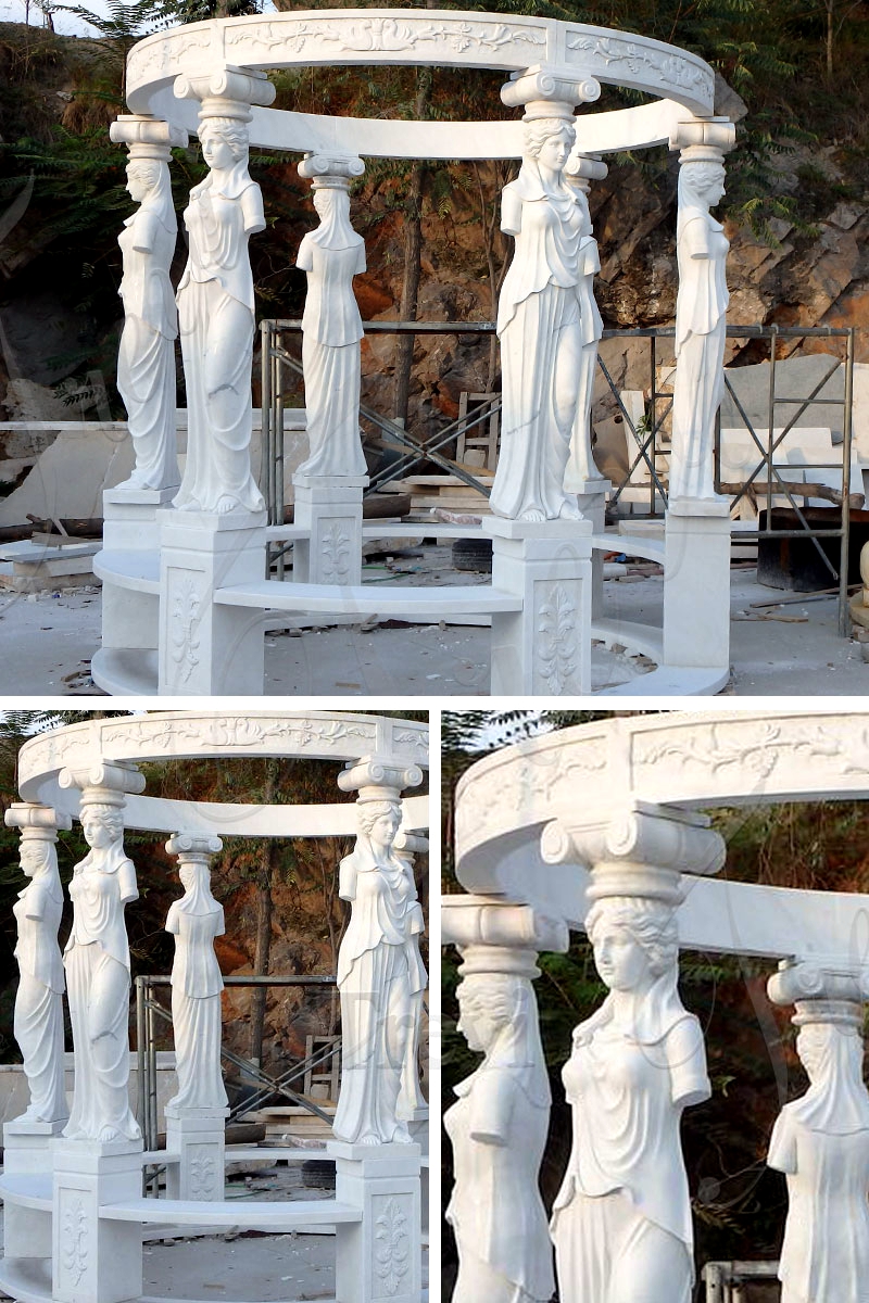 White Marble Gazebo with Carving Figure Sculpture for sale