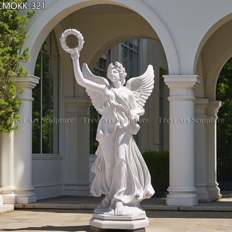 garden white marble female angel statue holding wreath