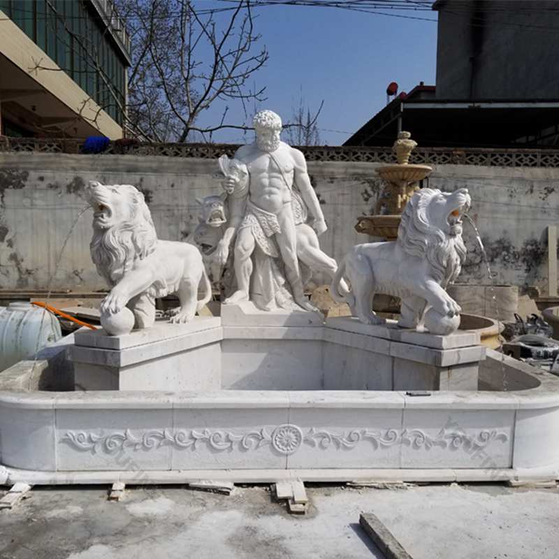 Modern white-marble-Hercules-fountain with two marble lion sculpture