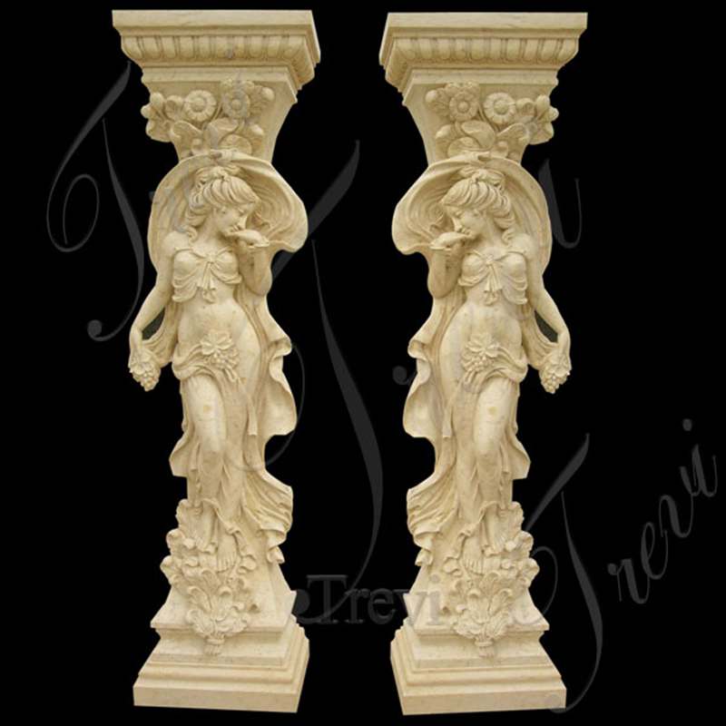 Natural Beige Marble Exterior House Pillars Carved Female Design