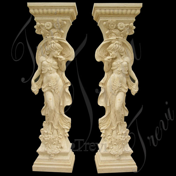Natural Beige Marble Exterior House Pillars Carved Female