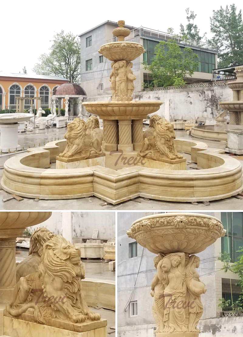 Yellow Antique Marble Tiered Fountain with Lion and Figure Statues for sale