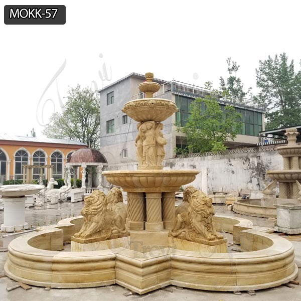 Yellow Antique Marble Tiered Water Fountain With Lion And Figure Statues