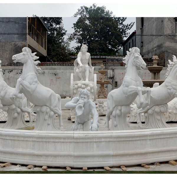 large outdoor white marble fountain with rearing horse statues for sales for outdoor castle decor