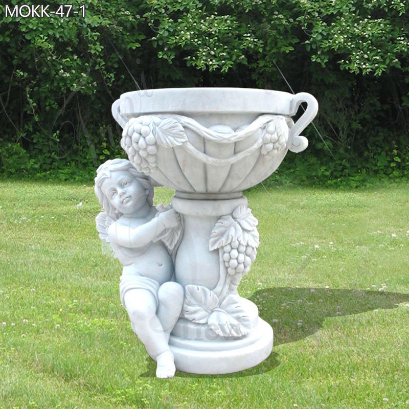 Hand Carved White Marble Planters with Baby Angel Staute for Sale