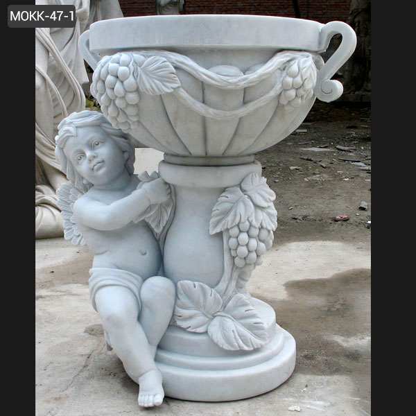 Hand Carved White Marble Planters with Baby Angel Staute for Sale MOKK-47-1