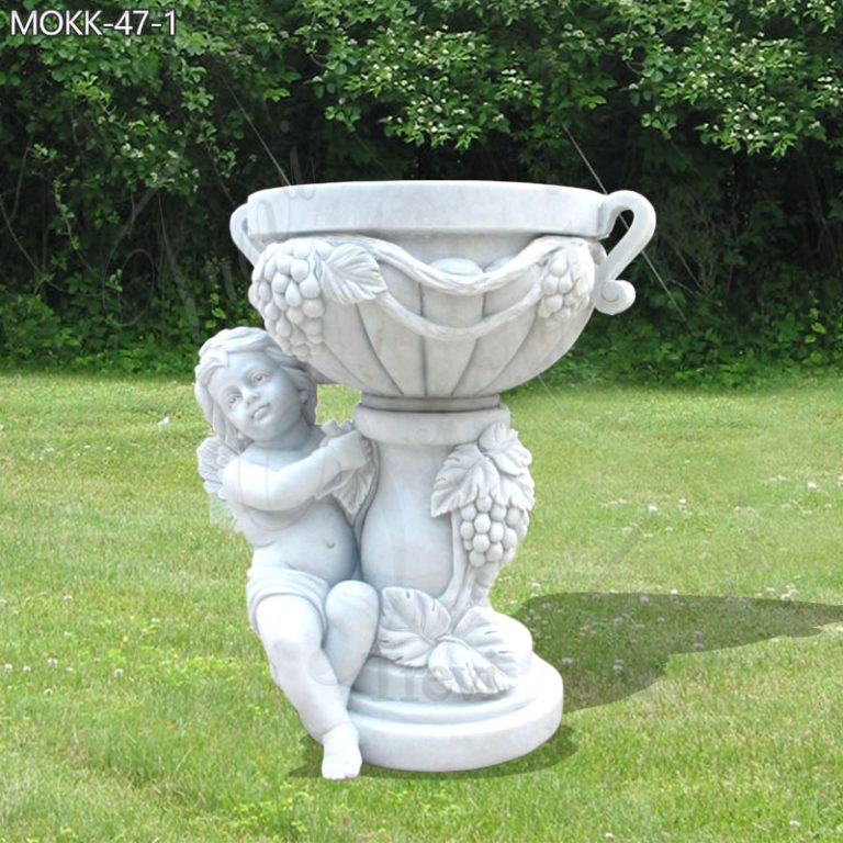Hand Carved White Marble Planters with Baby Angel Staute for Sale MOKK-47-1