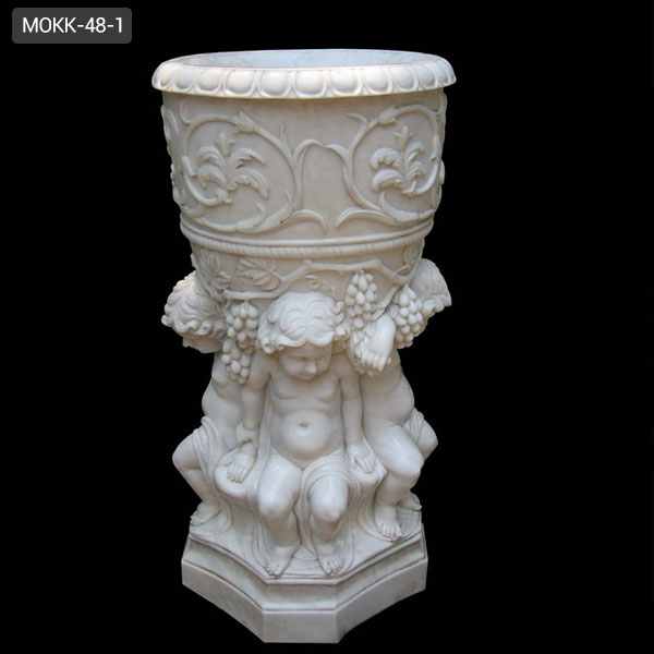 Hand Carved White Marble Flower Pot with Child Satue for Sale