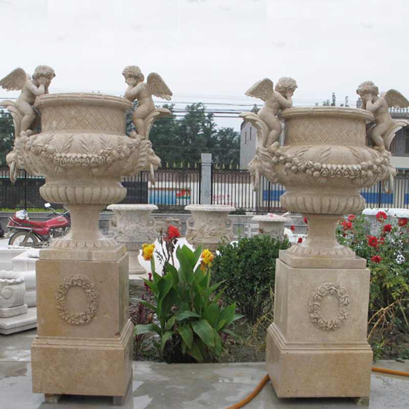 hand carved outdoor natural marble planter with angel for garden for sale