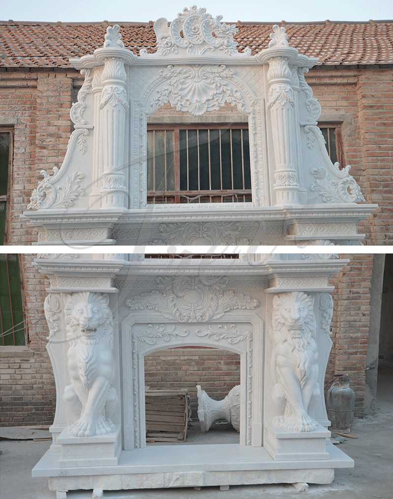 Hand Carved Double White Marble Fireplace