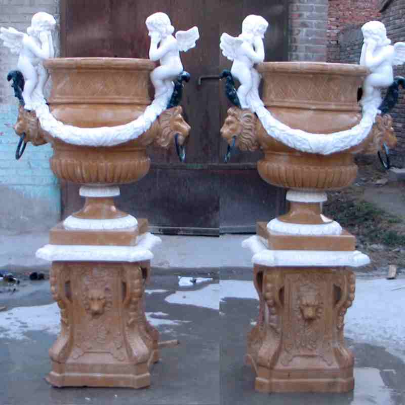 hand carved outdoor natural marble planter with cherub for garden for sales