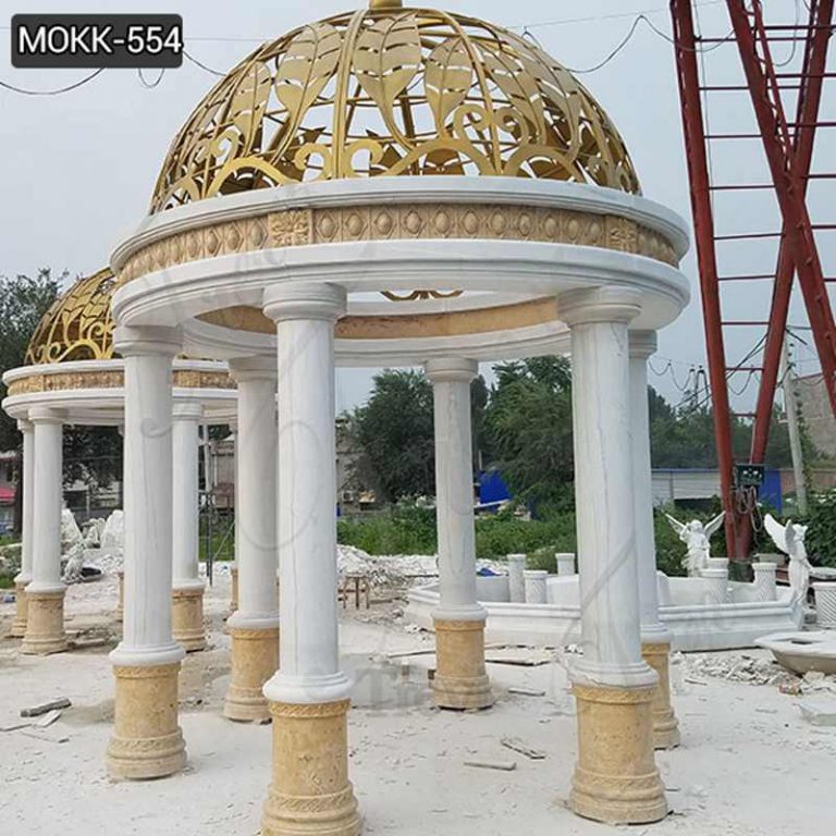 Beautiful Large White Marble Pillar Pavilion with Yellow Iron Top Supplier