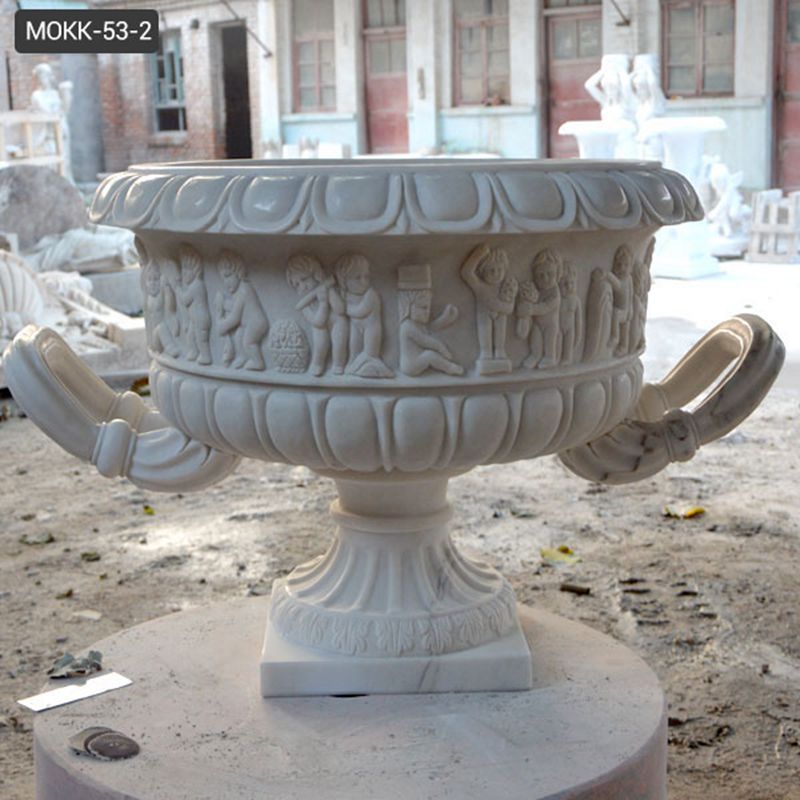 Hand Carved White Marble Plant Pot with Big Basin for Sale