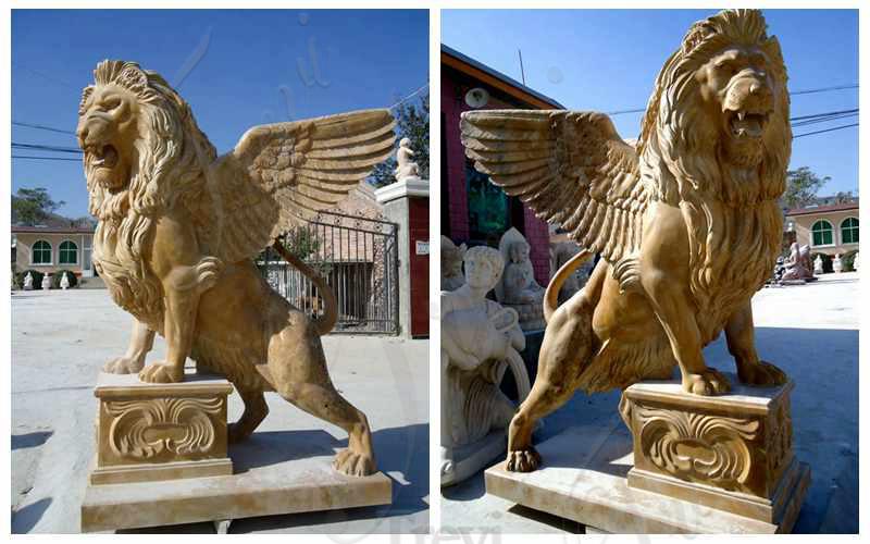 Beige Marble Standing Winged Lion Sculpture