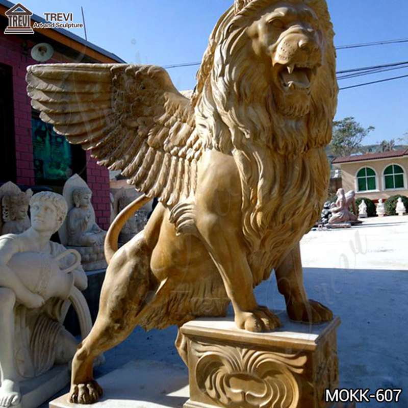 Western Beige Marble Standing Winged Lion Sculpture for Sale