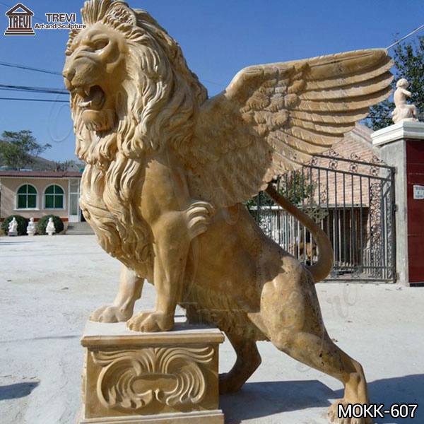 Western Beige Marble Standing Winged Lion Sculpture