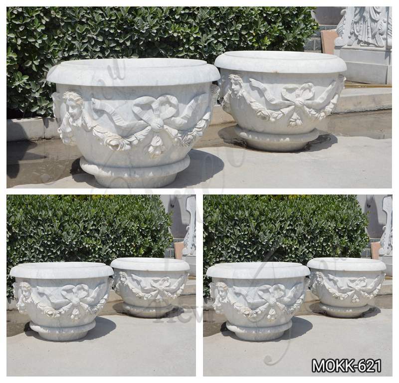 White Marble Plant Pots with Round Basin