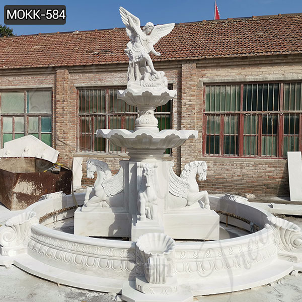 Outdoor Tiered White Marble St Michael Fountain for Sale