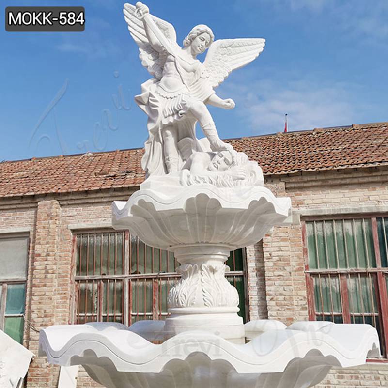 Outdoor Tiered White Marble St Michael Fountain