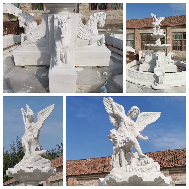 Tiered White Marble St Michael Fountain for Sale