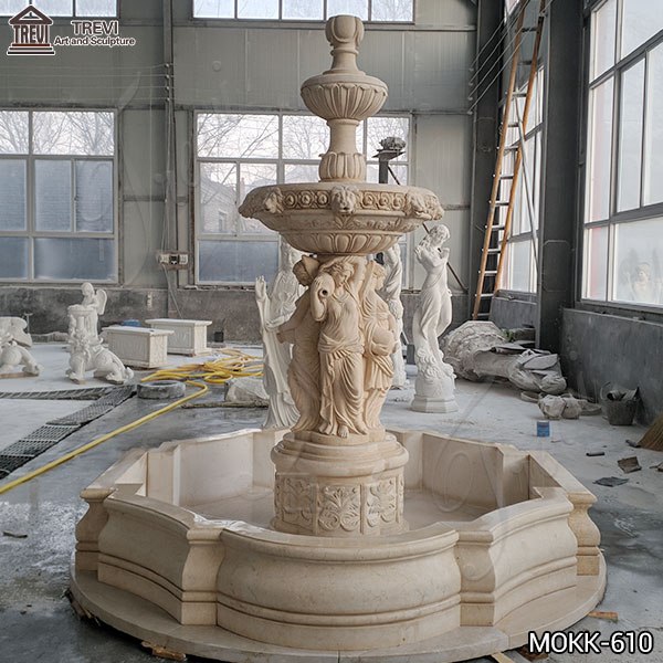 Outdoor Tiered Egyptian Beige Statuary Marble Water Fountain Statue