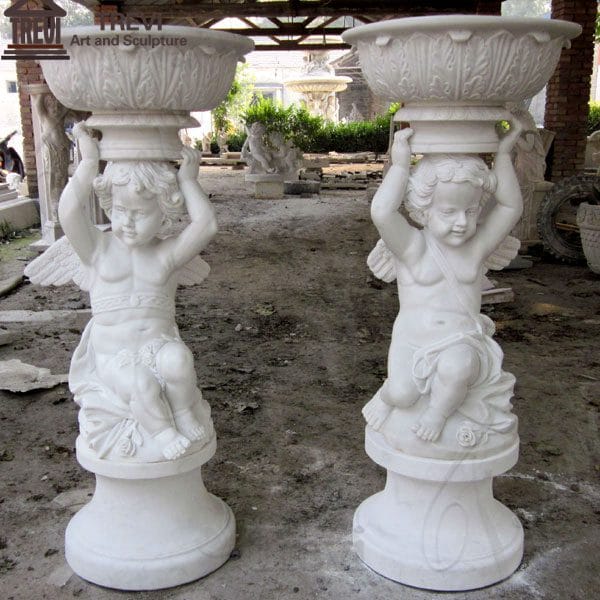 Garden White Marble Planters Pots with Angel Sculpture for