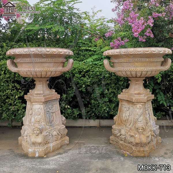 Antique Beige Marble Flower Pots with triangle Base Garden Decor MOKK-713