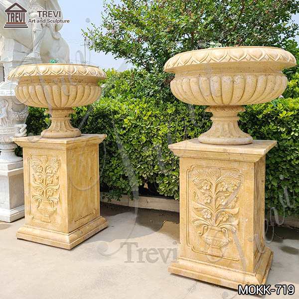 Beige Marble Flower Pots Antique Style Garden Decor