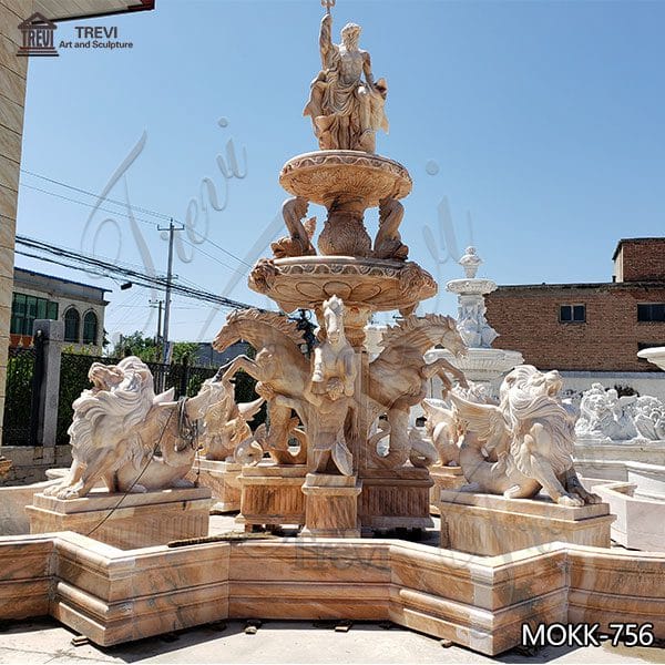 Beige Tiered Marble Water Lion Fountain Poseidon Statue