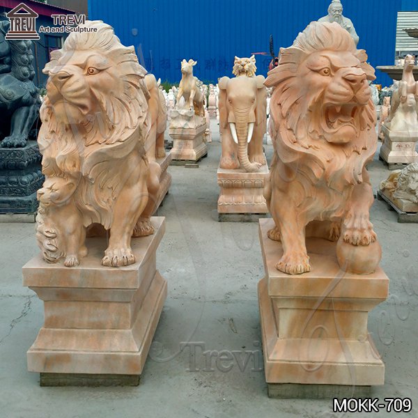 Outdoor Beige Marble Lion Statue for Sale China Factory MOKK-709