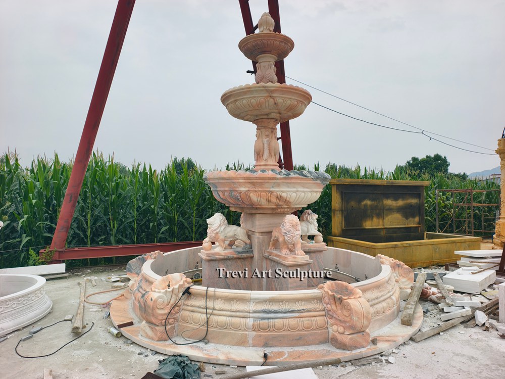 garden red marble fountain with lion
