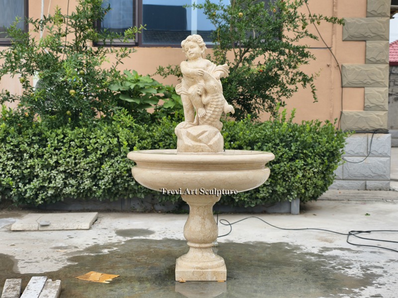 outdoor marble boy and fish statue garden fountain
