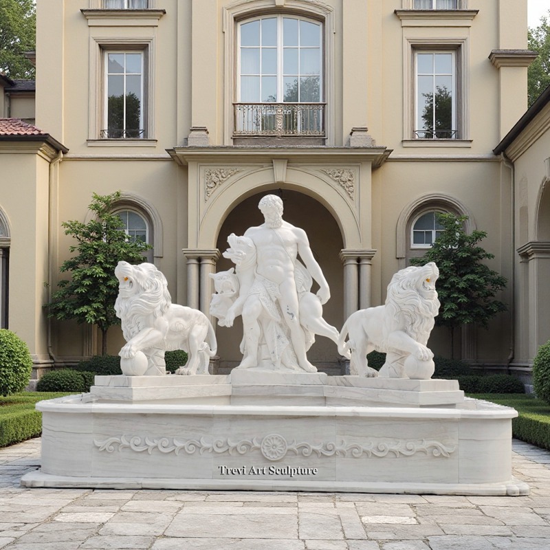marble water fountain with hercules and lions statue