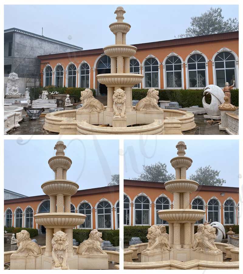 Classic Beige Marble Water Lion Fountain for Sale