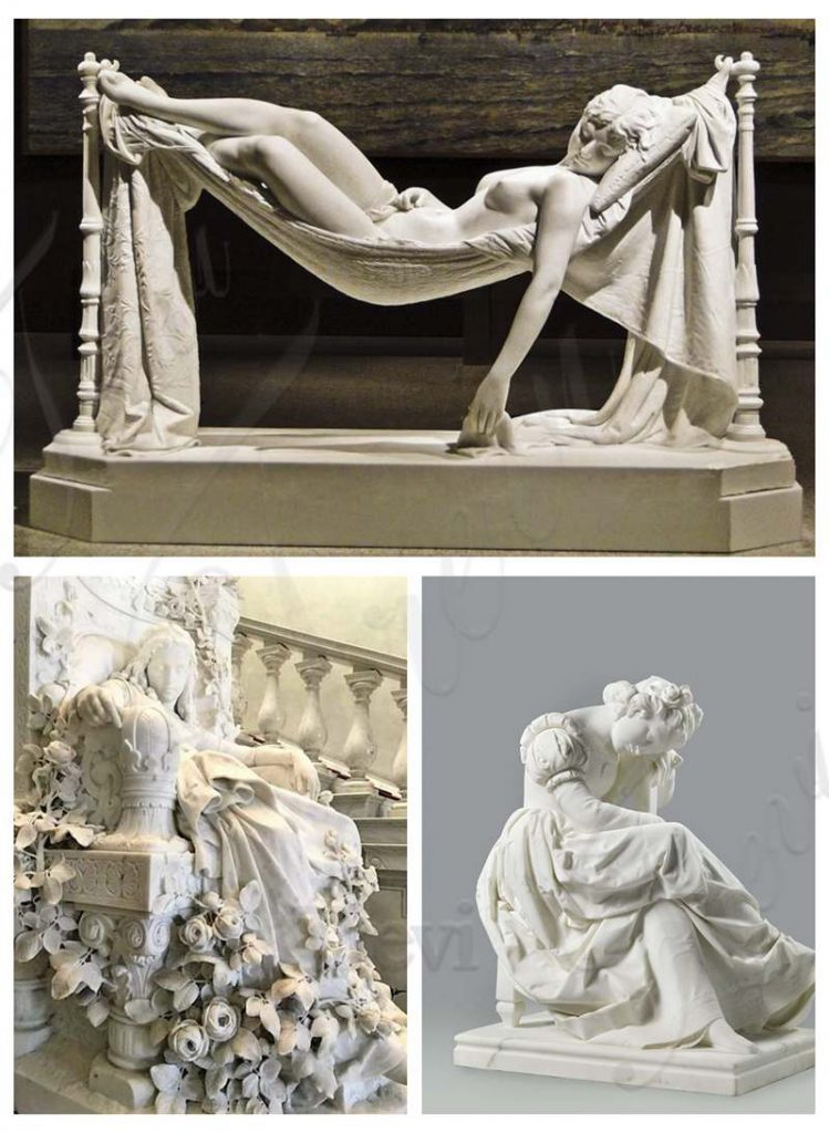 Hand Carved Marble Statues for Sale Sleeping Beauty Lying in Hammock