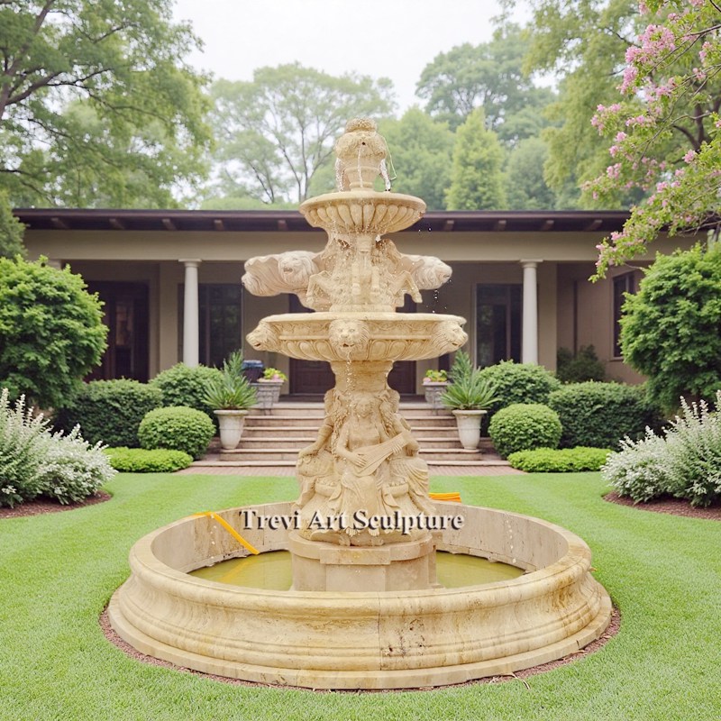 stone marble water fountain lady with horse and lion head