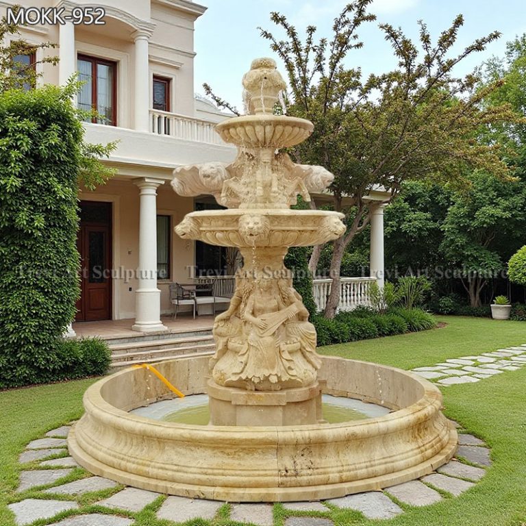 tan color stone marble water fountain lady with horse and lion head