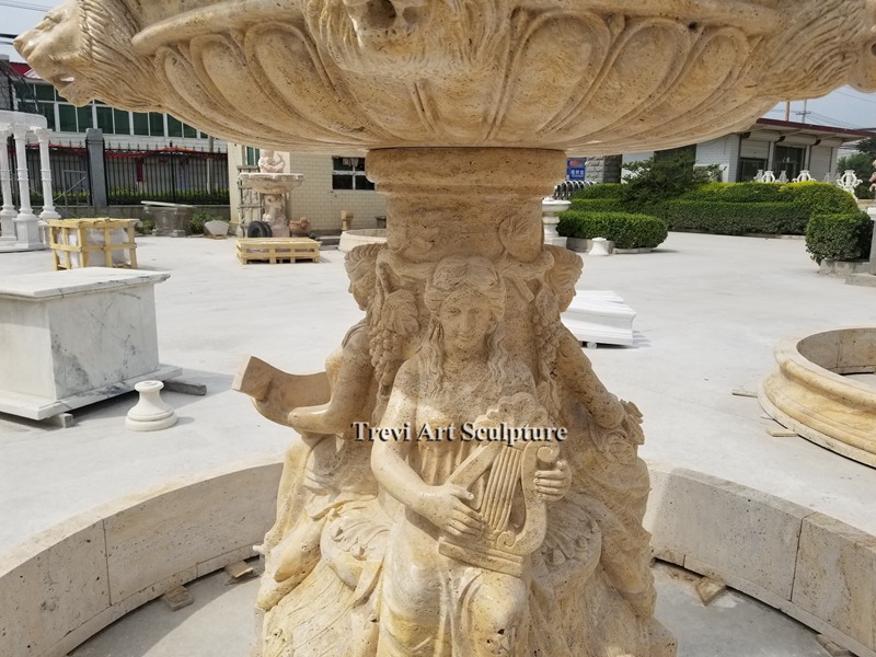 tan stone marble water fountain lady with horse and lion head