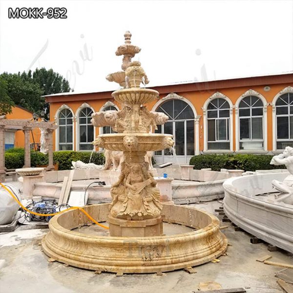 Tan Color Stone Marble Water Fountain Lady with Horse and Lion Head for Sale MOKK-952