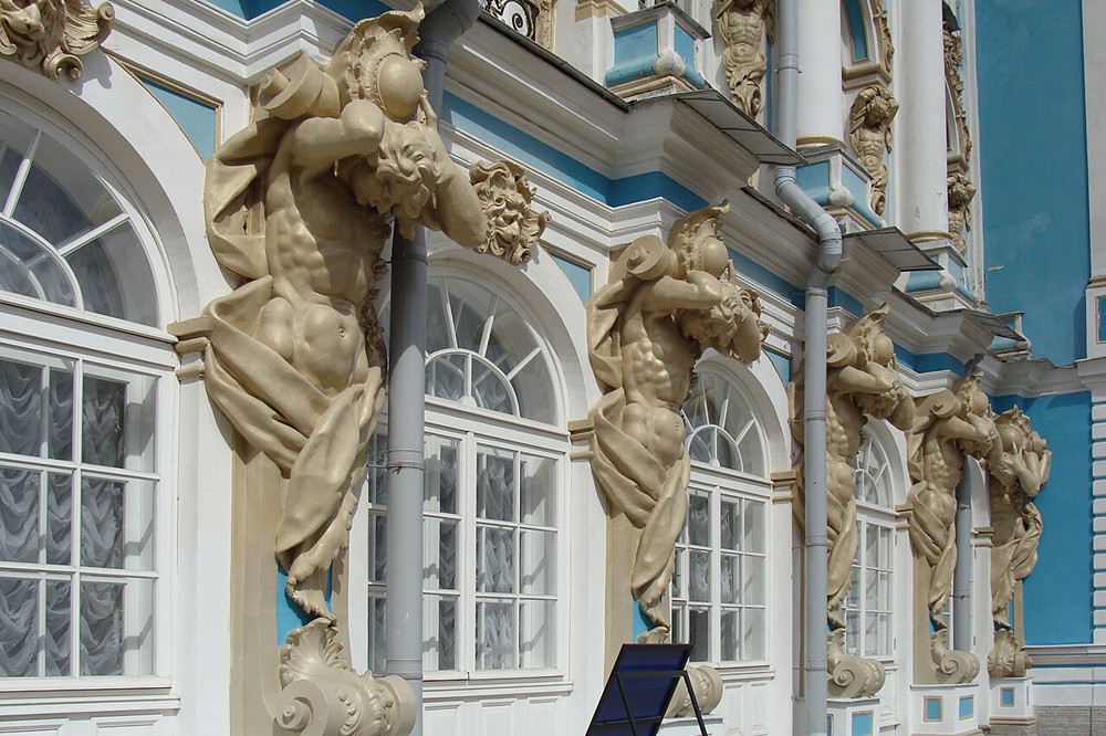 statues of atlas on the exterior of catherine palace in tsarskoye selo, pushkin
