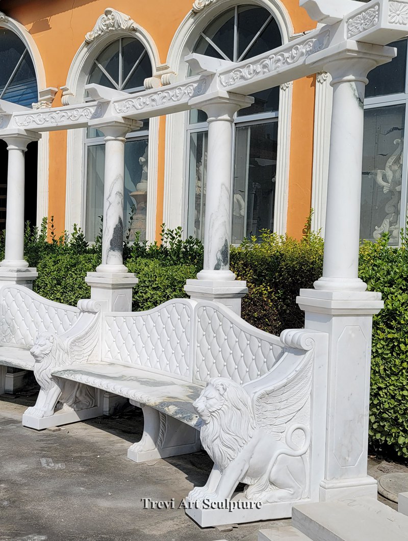 exquisite carved marble garden bench with lion statue