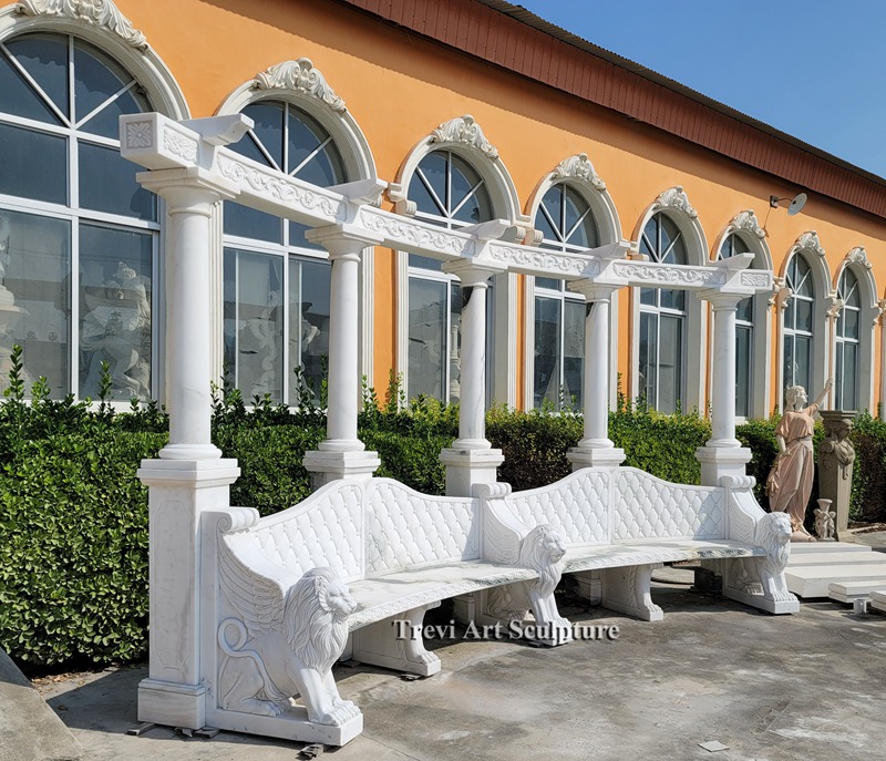 exquisite carved marble lion garden bench with pillar