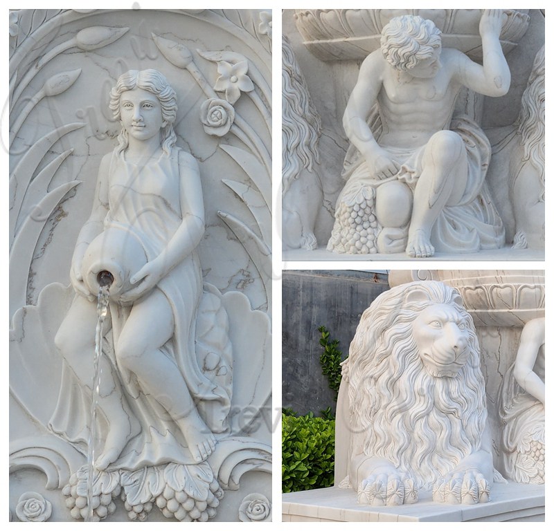 carving details show dor the marble garden wall fountain