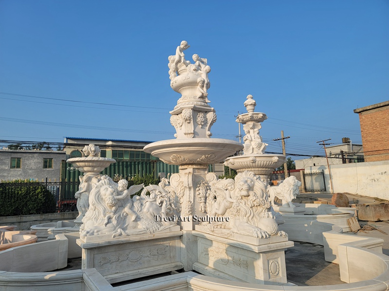 luxurious large fountain with lion and kid statues details