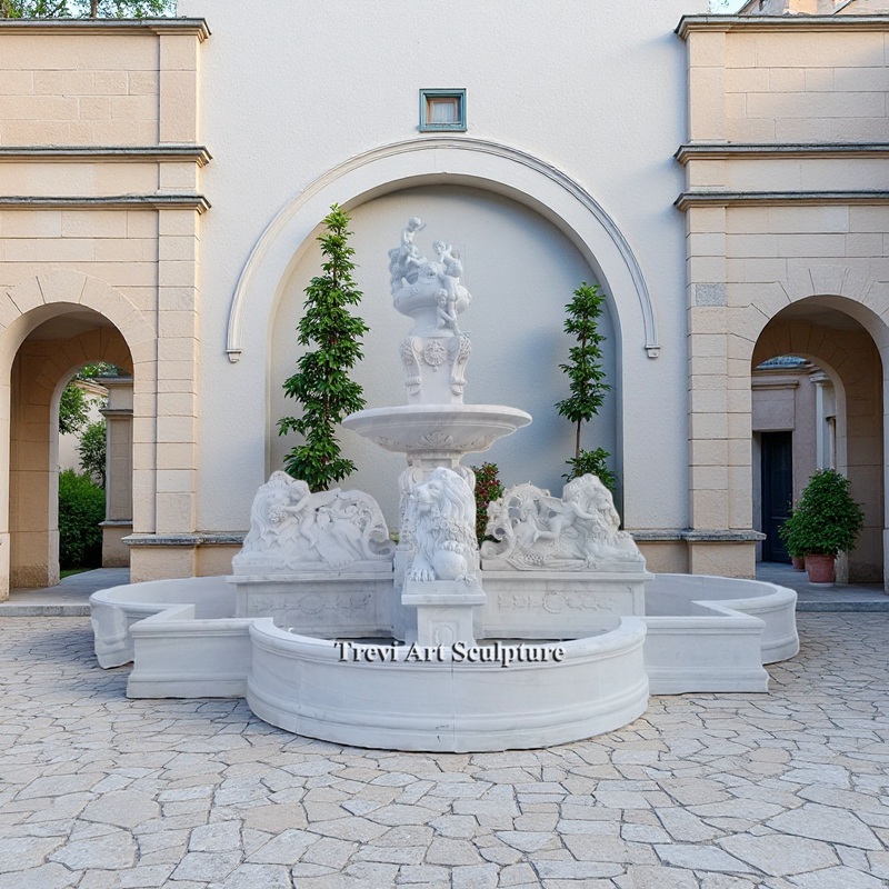 luxurious large fountain with lion and kid statues