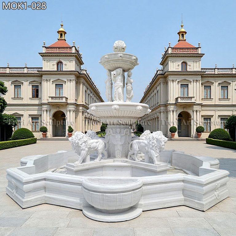 large white marble lion water fountain outdoor decor for sale